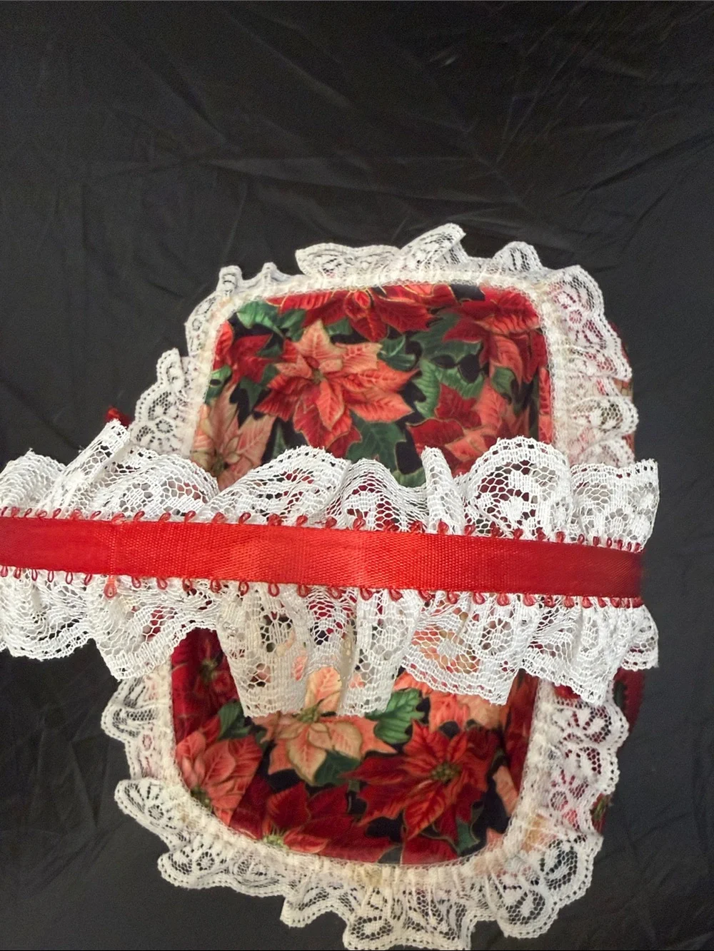 Handcrafted from my daughter Poinsettia Fabric Basket with Lace and Red Ribbon